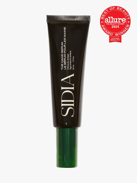 hand serum in branded black tube with dark green cap on light gray background with red and white 2024 allure best of beauty seal